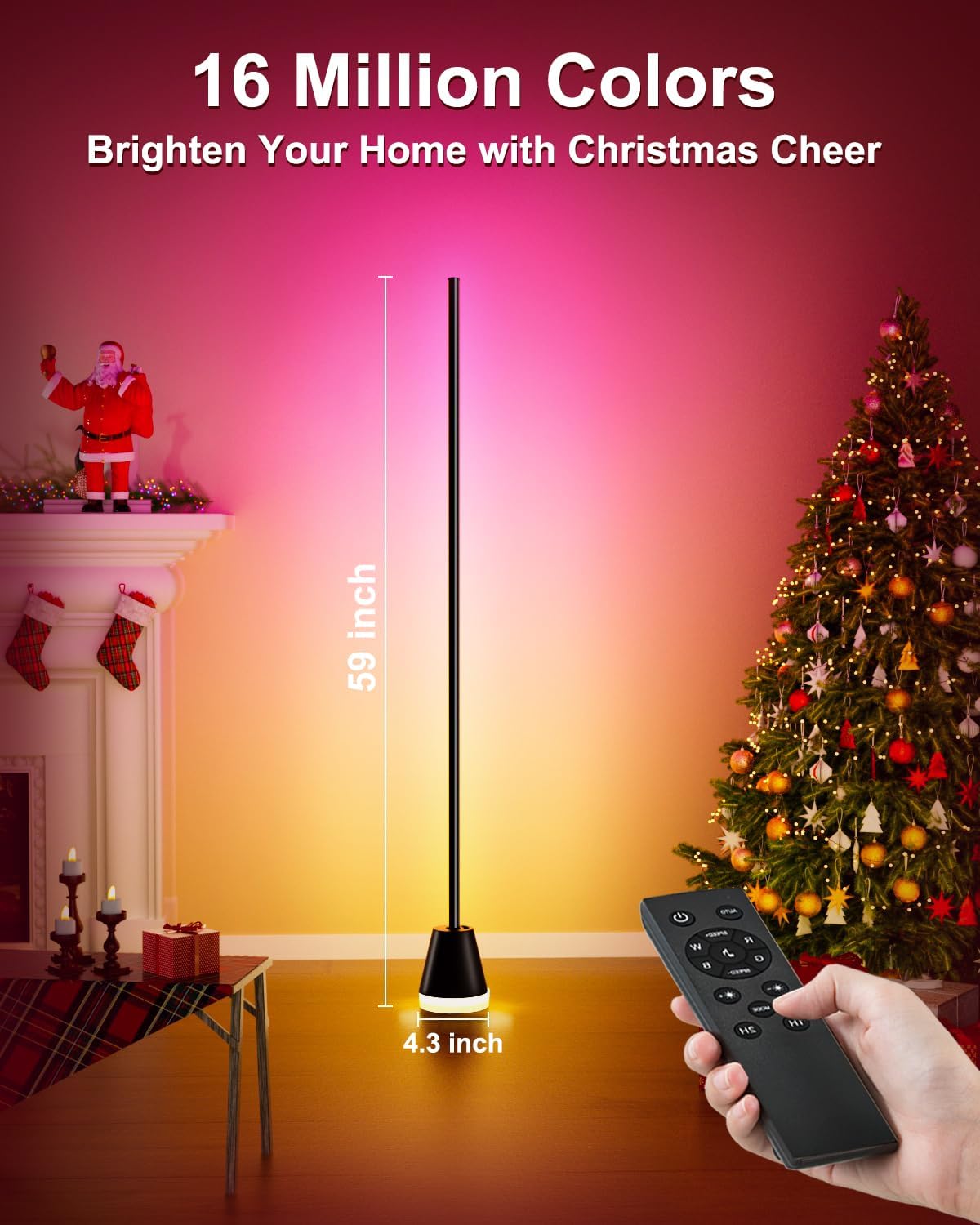 RGB corner lamp showing 59-inch height and remote control usage in holiday setting