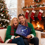 Happy couple holding Dacefloy Fishing Advent Calendar in a cozy Christmas setting