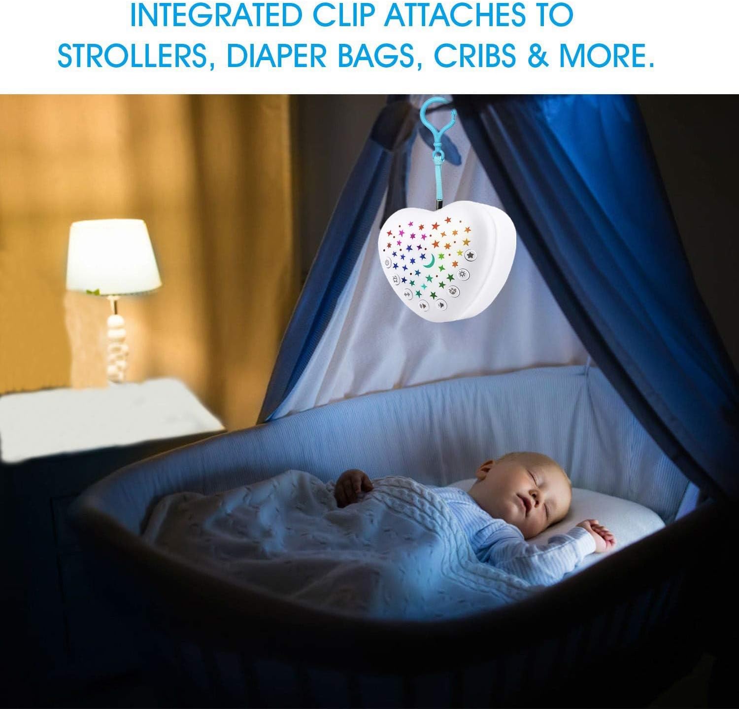 White noise machine hanging on crib with integrated clip for strollers and beds