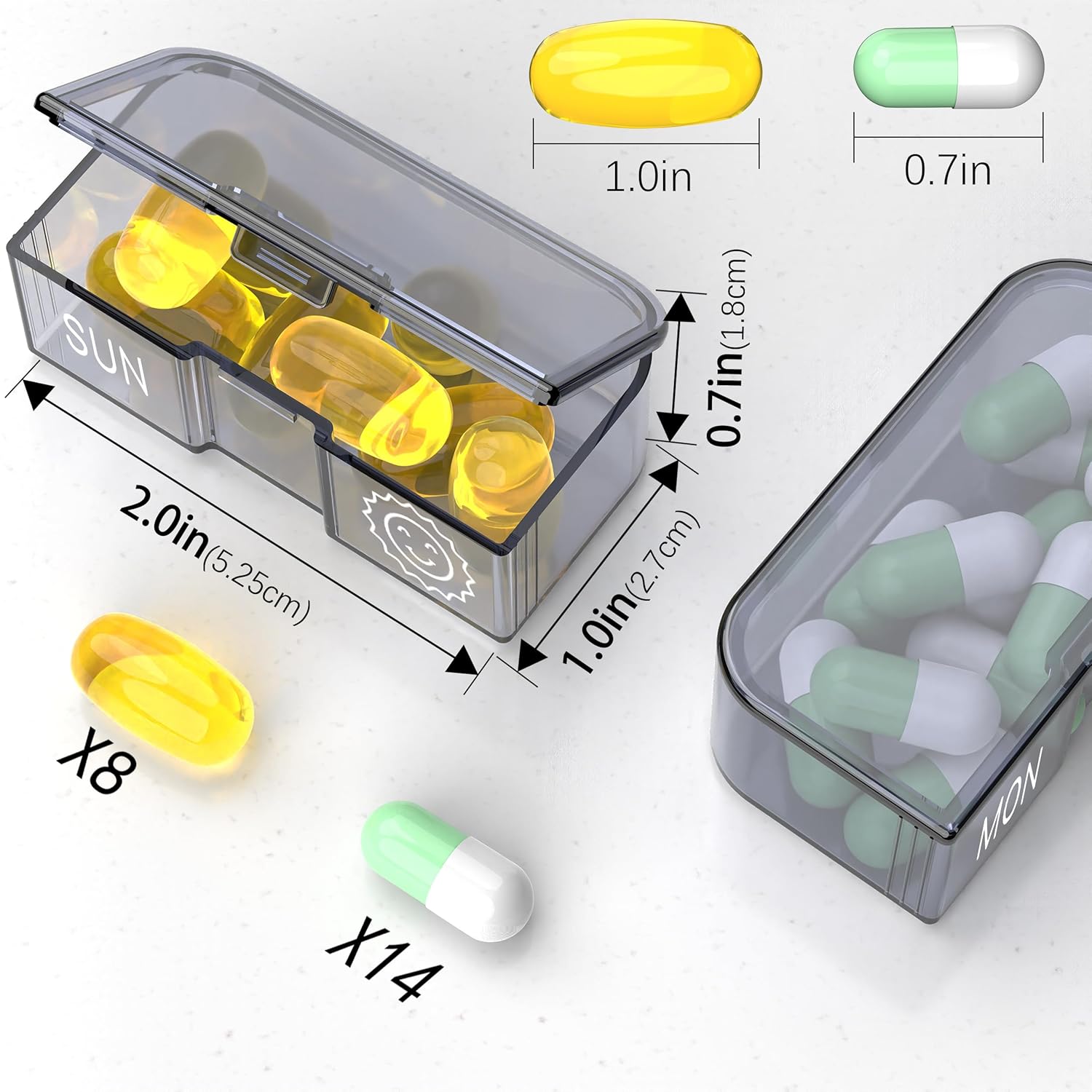 Daily removable AM PM pill box showing medication capacity