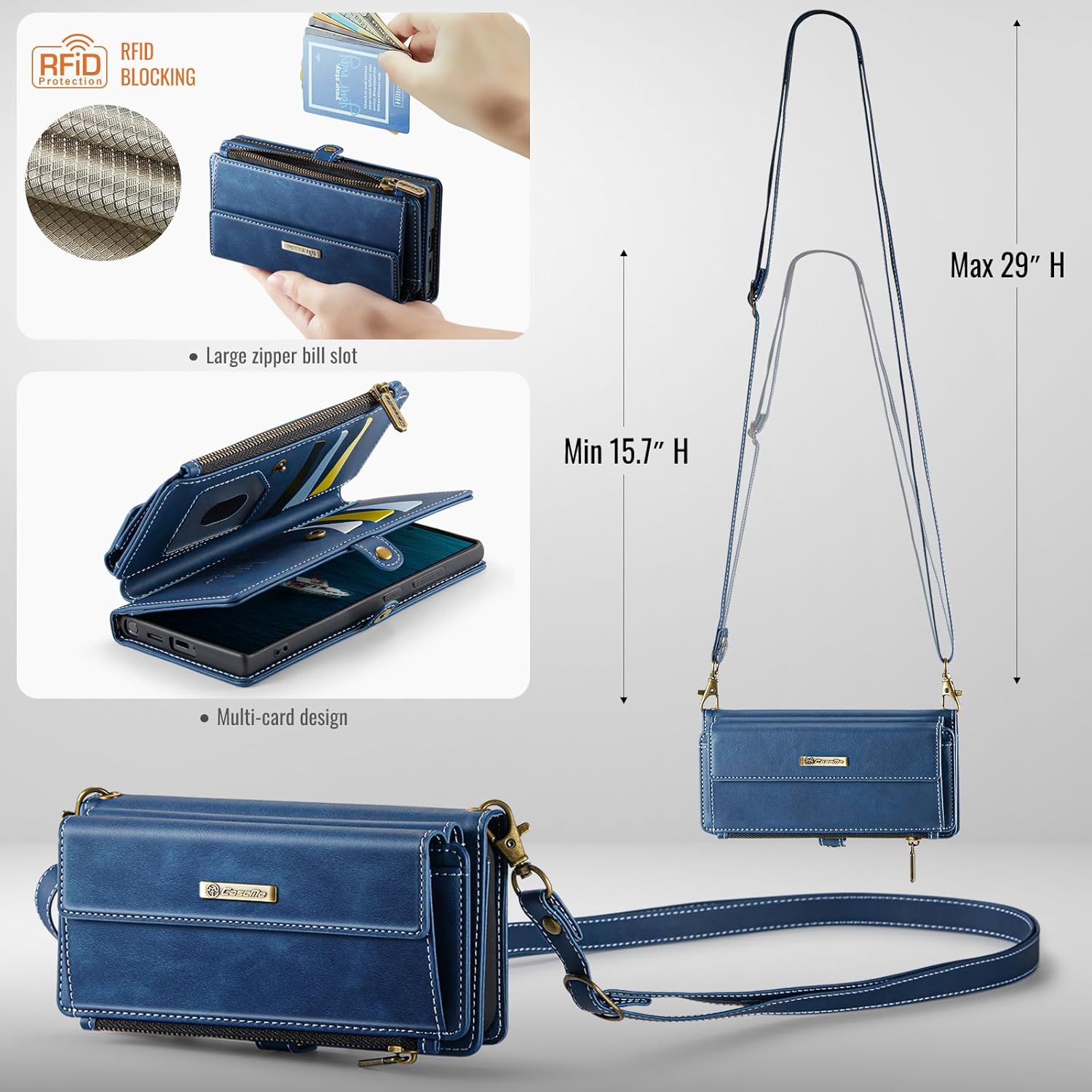 Close-up of RFID wallet case details including clip, zipper, and pockets