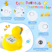 Mom and baby playing with duck bath thermometer during bath time