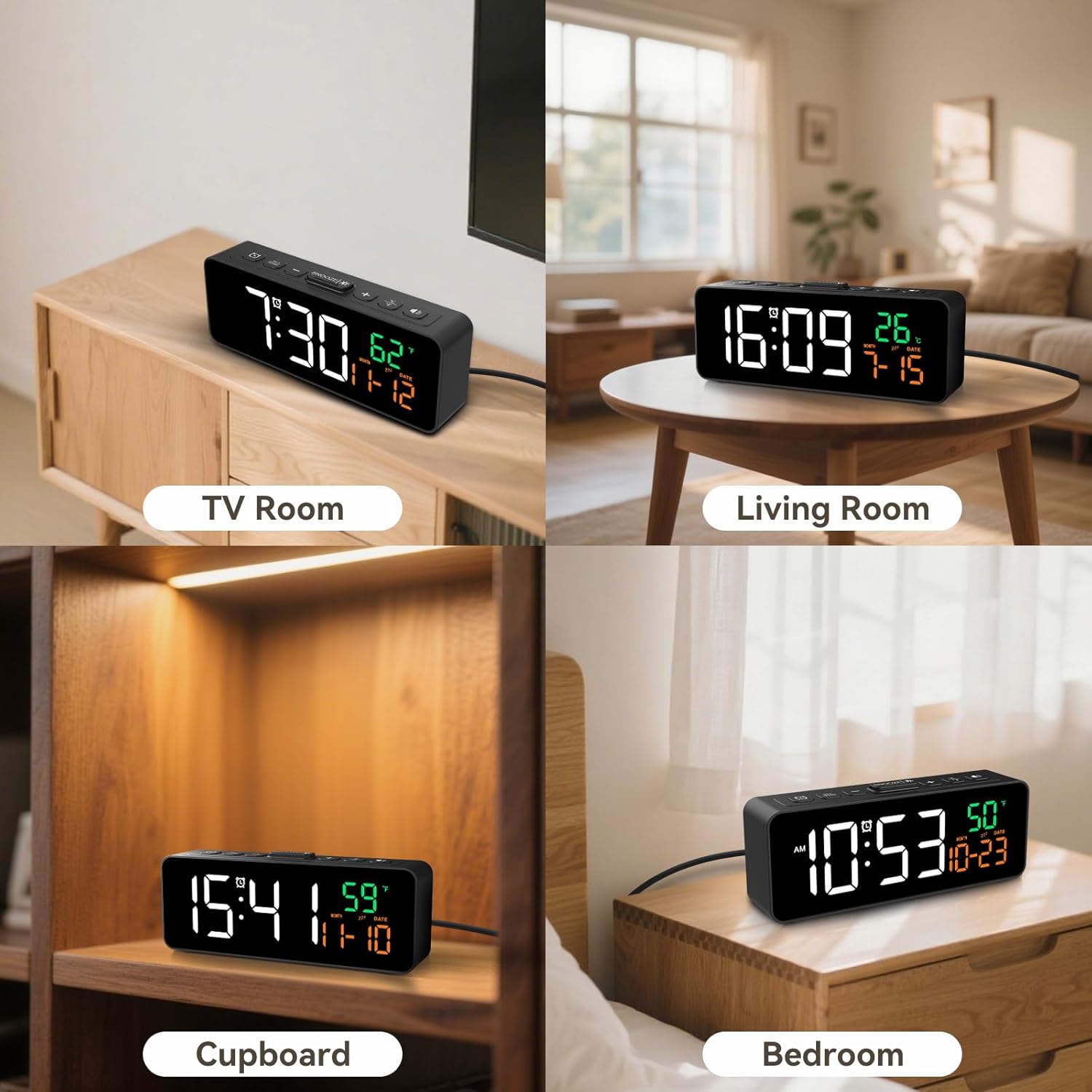Alarm clock placement ideas for TV room, living room, cupboard, and bedroom