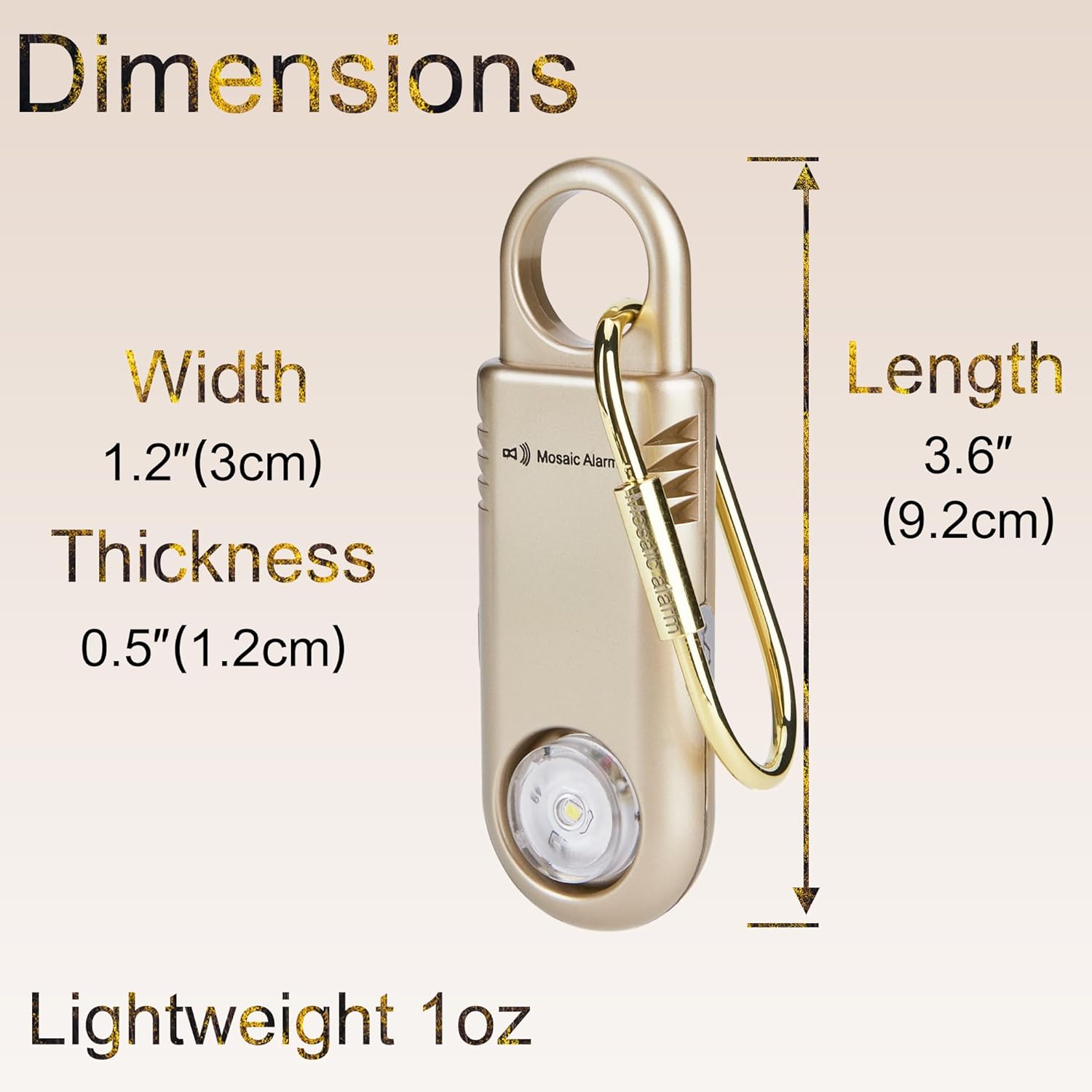 Dimensions of gold SOS personal alarm keychain with measurements and lightweight info