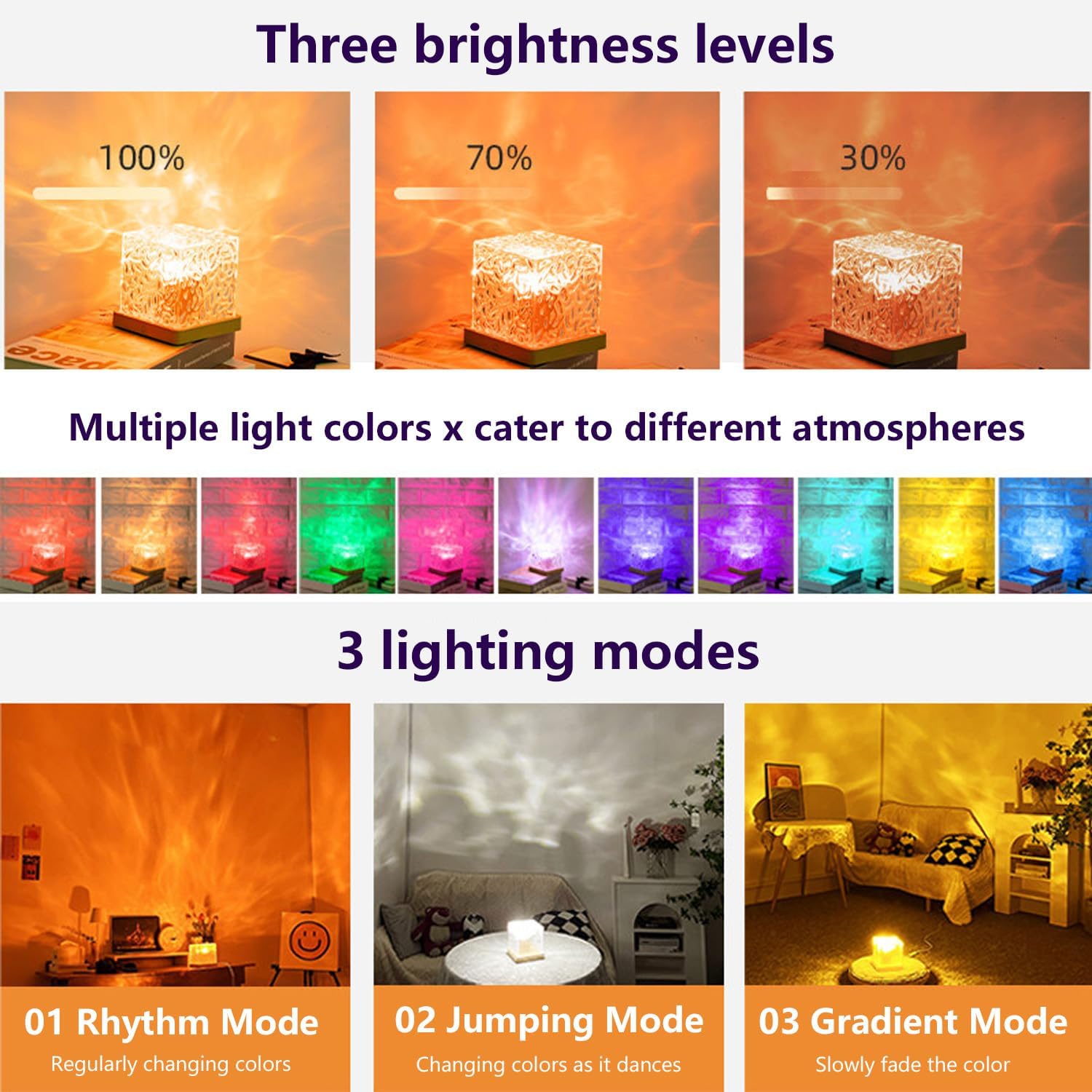 Dimmable LED lamp showing different brightness levels and lighting modes