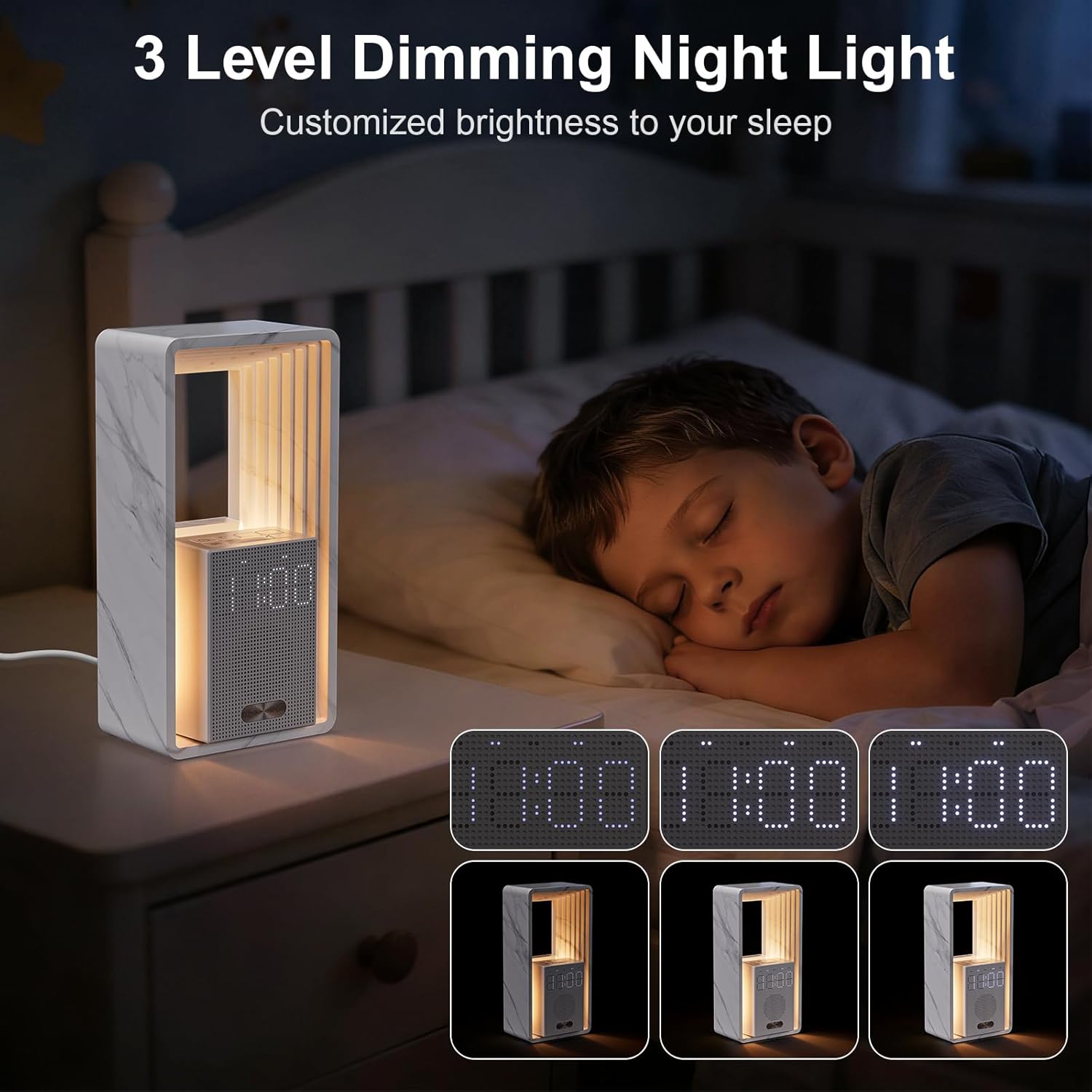 Dimmable bedside alarm clock with adjustable night light brightness