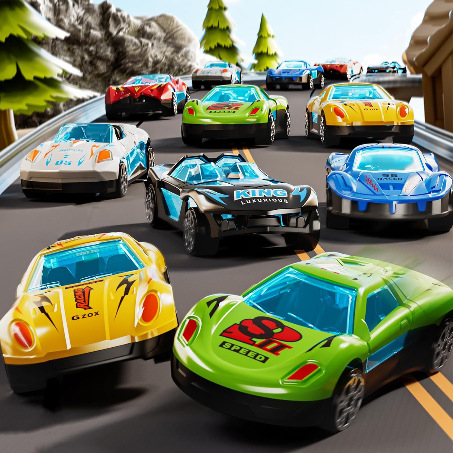 Colorful die-cast race cars included with dinosaur truck toy set