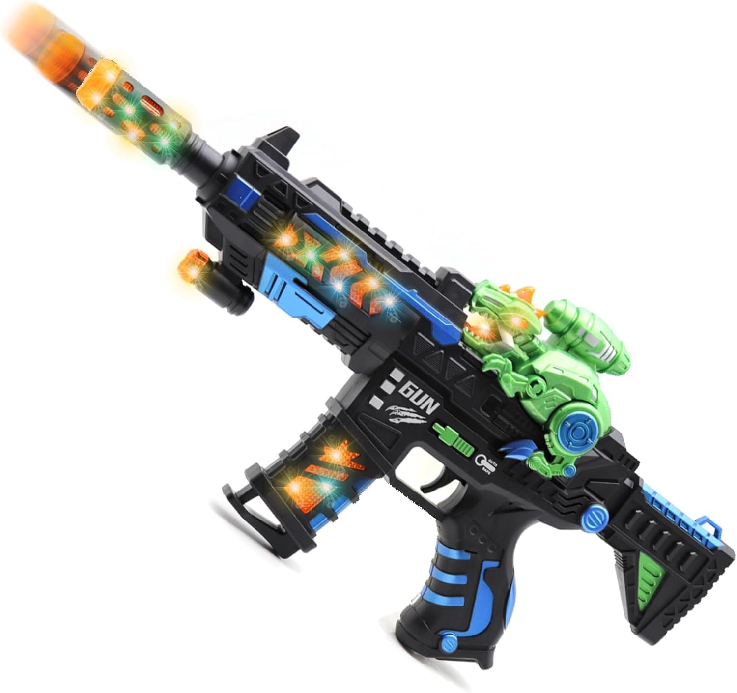 Dinosaur toy blaster with colorful lights, dinosaur figure and retractable muzzle