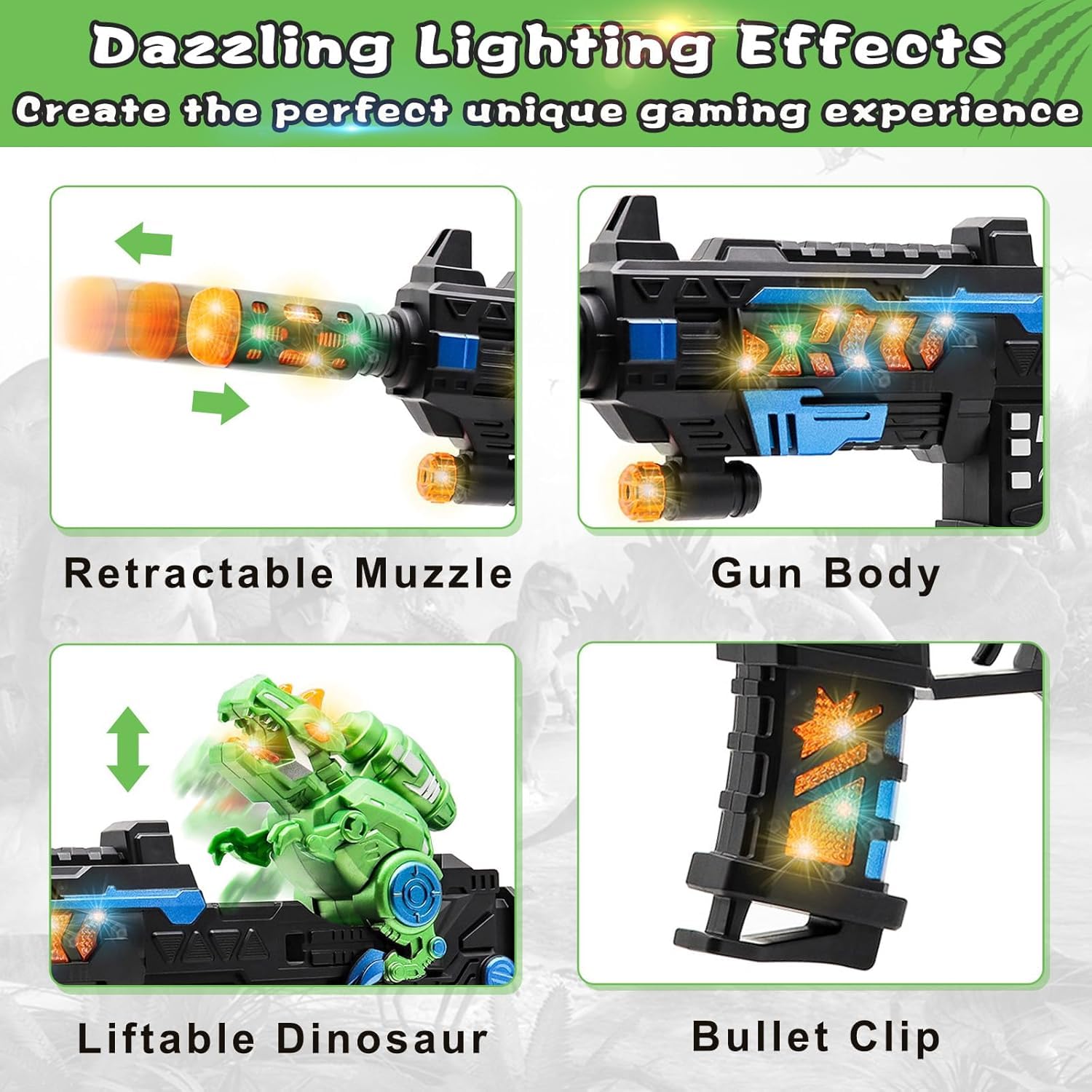 Dinosaur toy blaster showing retractable muzzle and interactive lighting effects