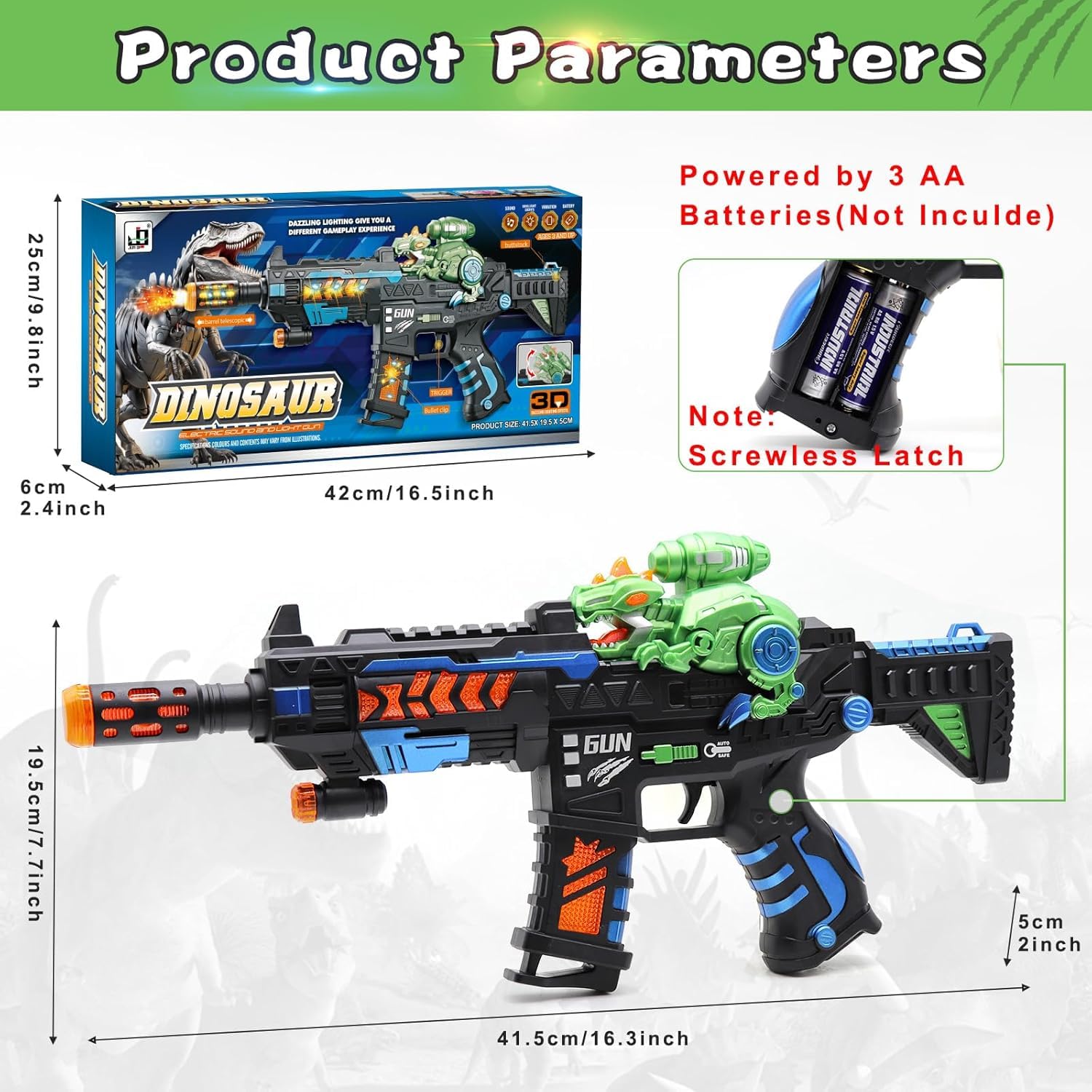 Dinosaur toy blaster dimensions and 3 AA battery compartment details