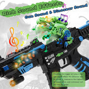 Interactive dinosaur toy blaster with sound effects and moving dinosaur figure