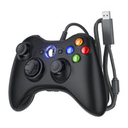 Black Dinosoo wired USB gamepad for Xbox 360 and PC; product sold as a two-controller pack