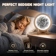 DIY moon lamp kit glowing as a color-changing LED night light beside a child's bed