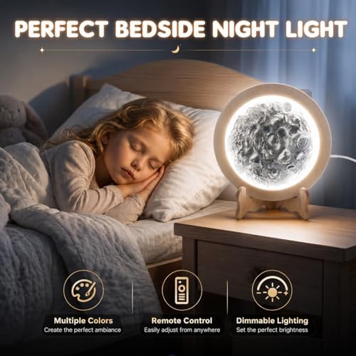 DIY moon lamp kit glowing as a color-changing LED night light beside a child's bed