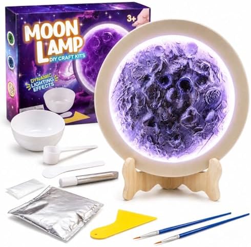 DIY moon lamp craft kit with glowing moon, remote control, wooden stand, paint and crafting accessories