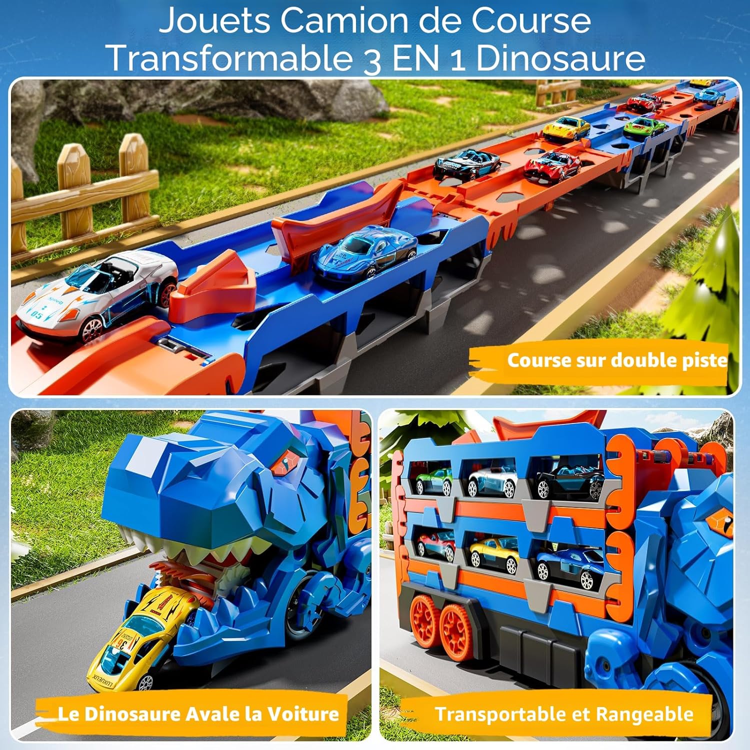 Double-lane dinosaur race track toy with transforming car carrier truck