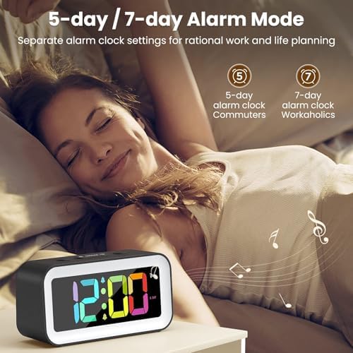 RGB dual alarm clock with 5-day and 7-day alarm scheduling modes