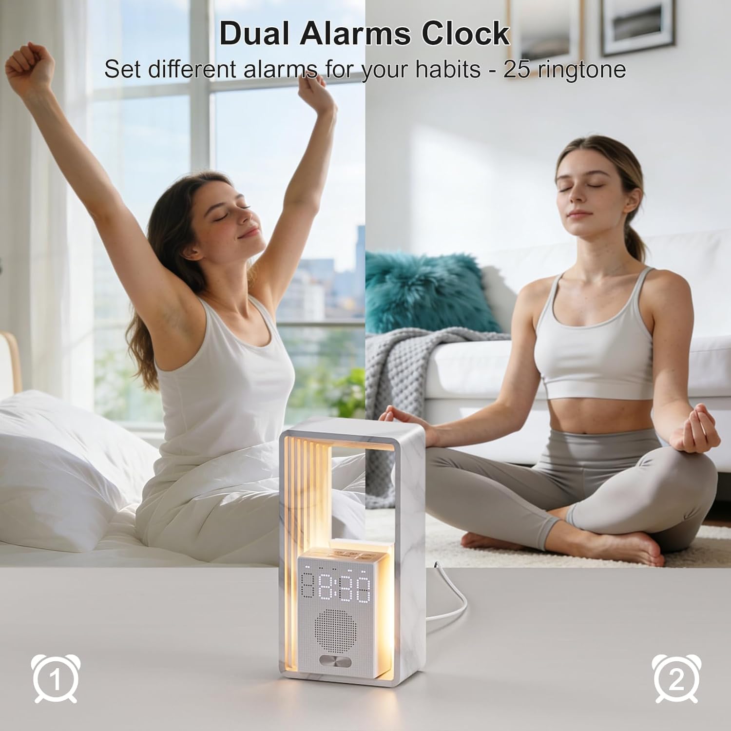 Dual alarm clock with multiple alarms and wake-up settings