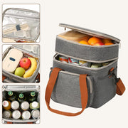 Dual-layer lunch bag with upper fruit storage and lower section for cans.