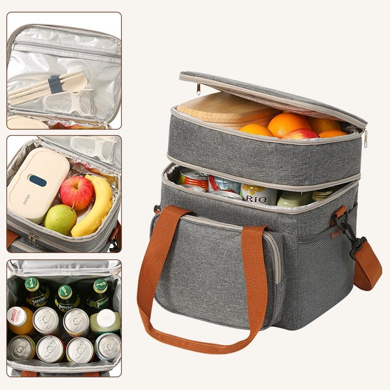 Dual-layer lunch bag with upper fruit storage and lower section for cans.