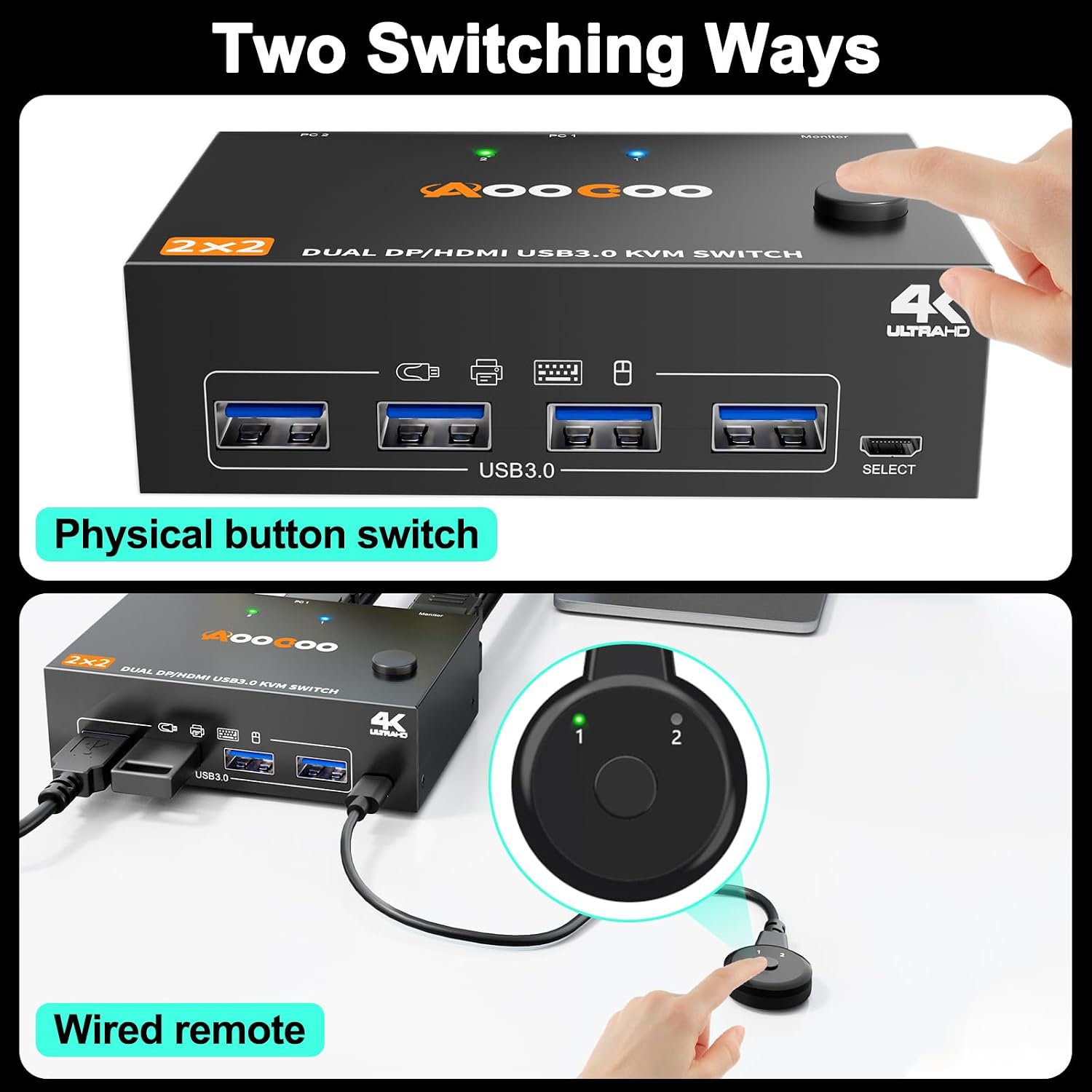 KVM switch with physical button and wired remote switching