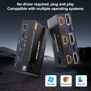 Plug and play dual monitor KVM switch compatible with Windows Chrome OS and macOS