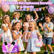 Two wireless microphones included with portable unicorn karaoke speaker