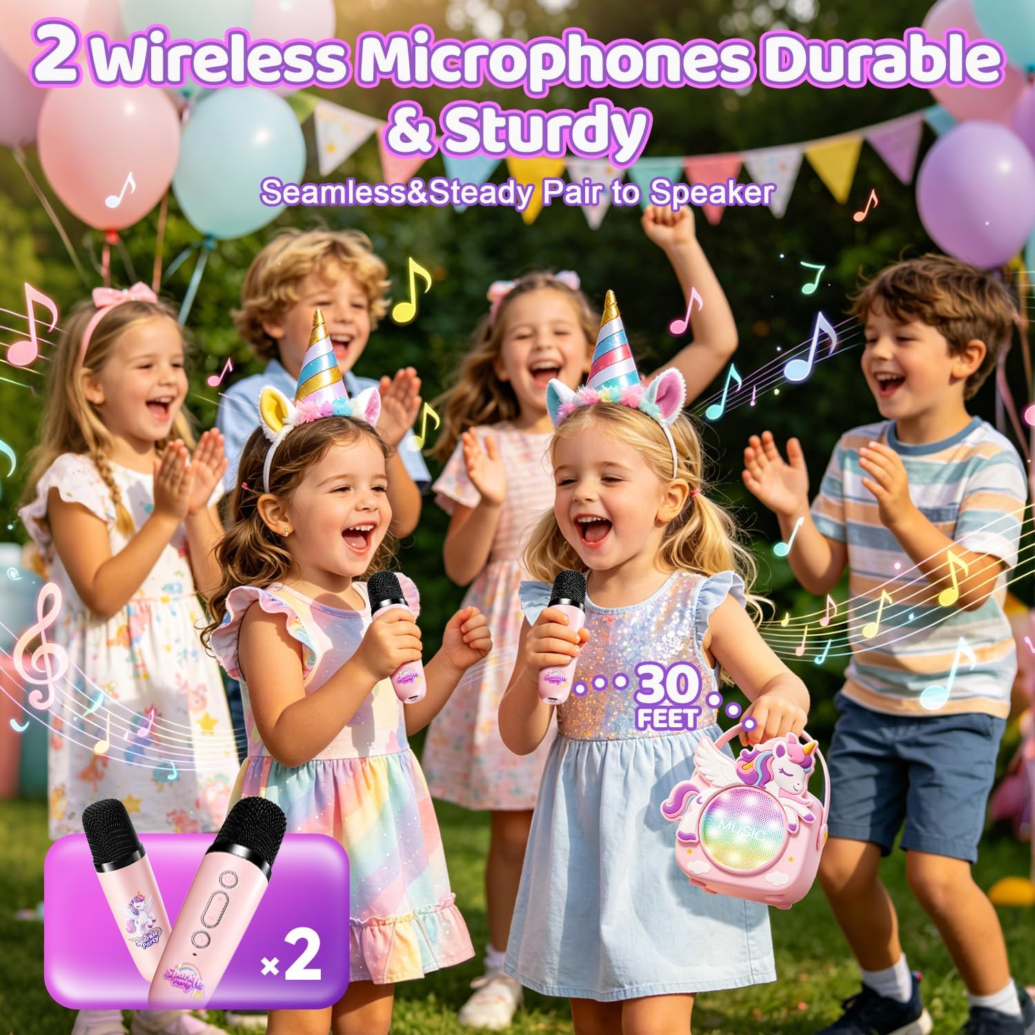 Two wireless microphones included with portable unicorn karaoke speaker