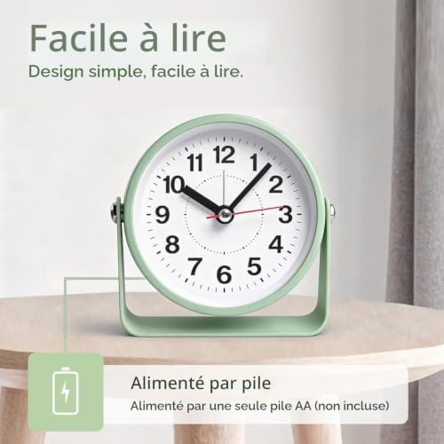 Easy to read analog alarm clock powered by one AA battery