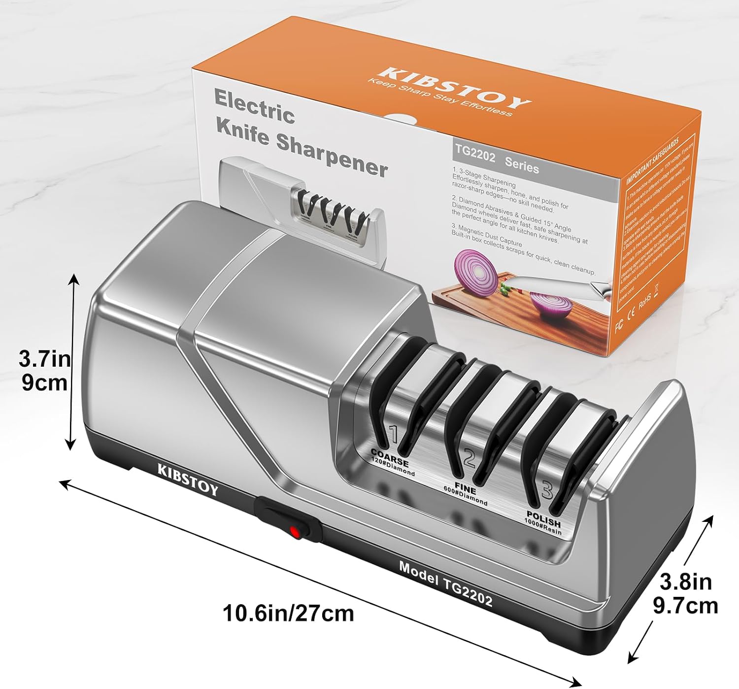 Professional electric knife sharpener dimensions and product packaging