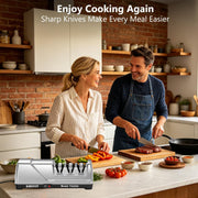 Electric knife sharpener making meal preparation easier in a home kitchen