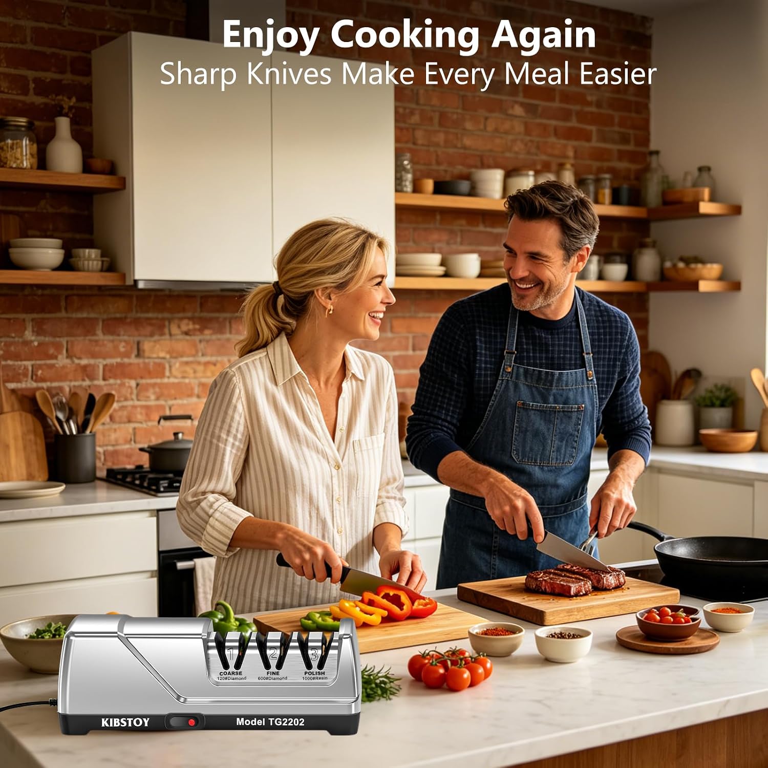 Electric knife sharpener making meal preparation easier in a home kitchen