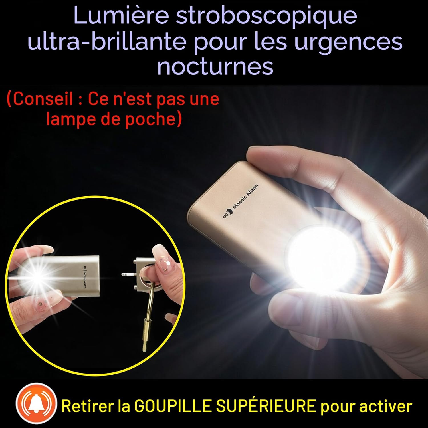Personal alarm with ultra-bright emergency strobe light activated