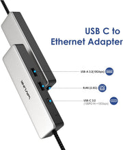 Close-up of WAVLINK hub showing USB-A, RJ45, and USB-C 3.2 ports