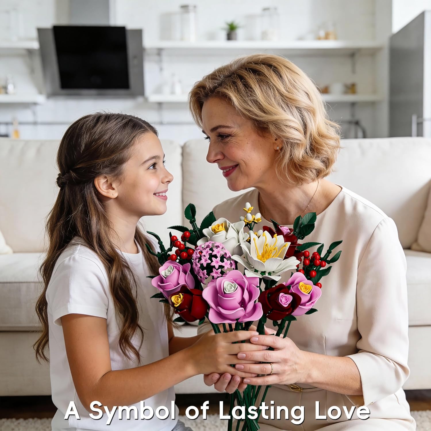Long-lasting botanical flower bouquet building set shared as a meaningful gift