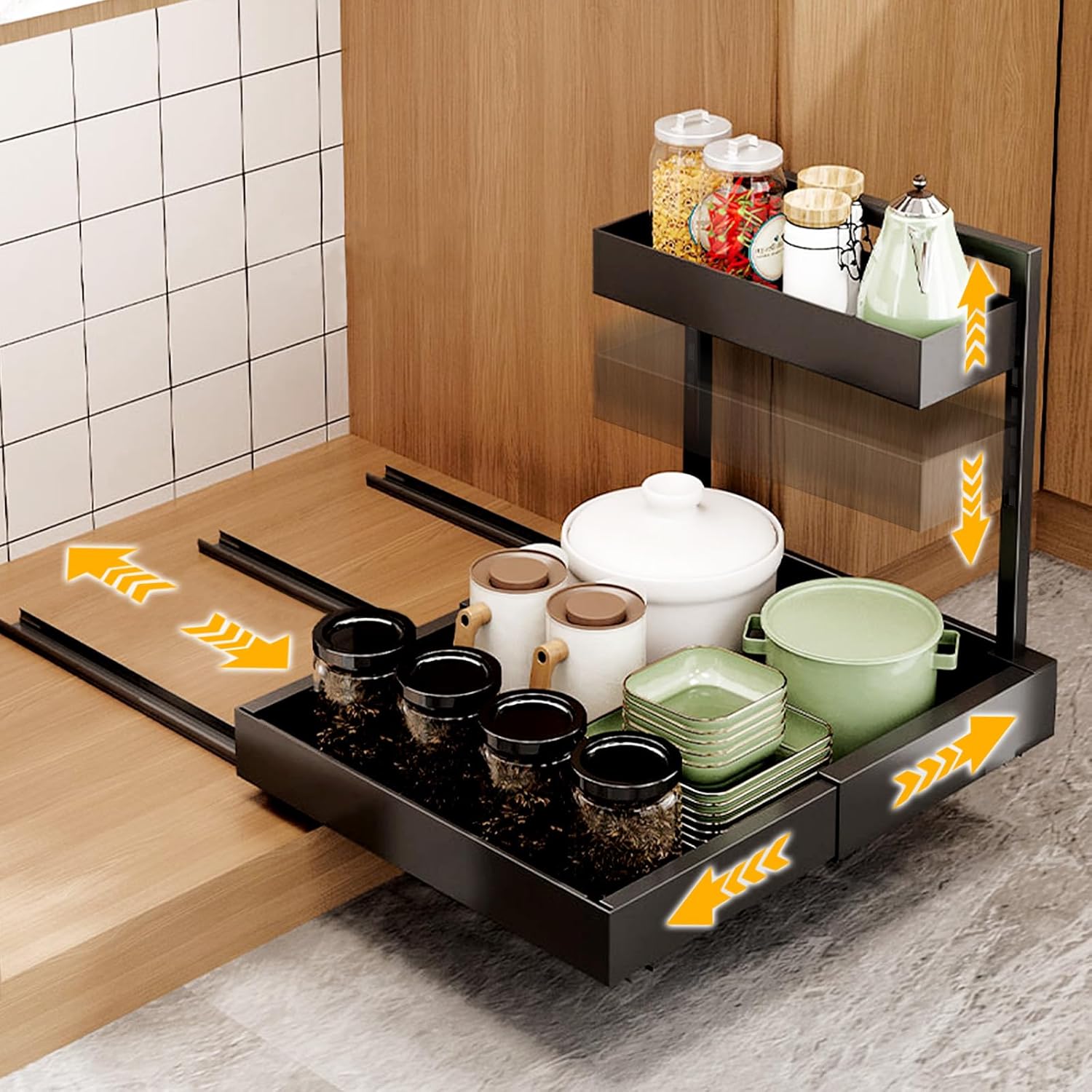 Expandable under sink organizer storing kitchenware in L-shaped cabinet design
