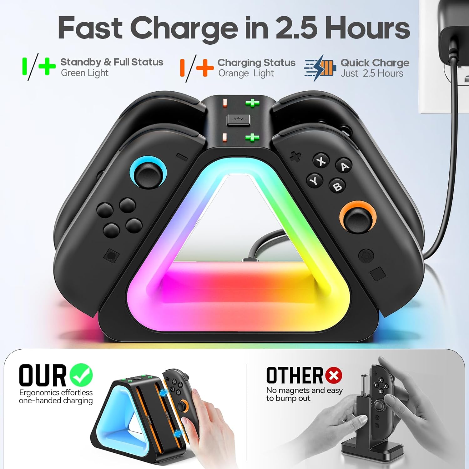 Switch 2 controller charger with LED indicators and fast 2.5-hour charge time