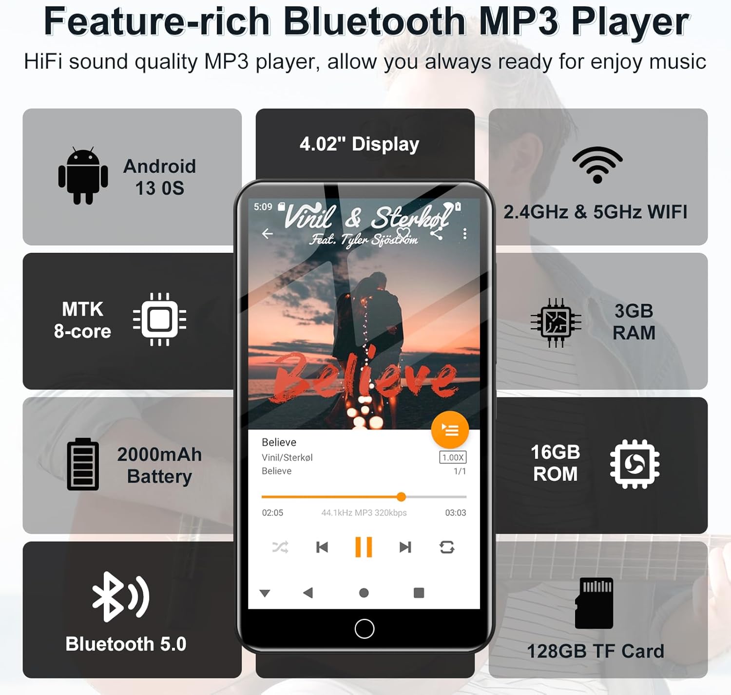 Feature-packed Bluetooth MP3 player with 4" display