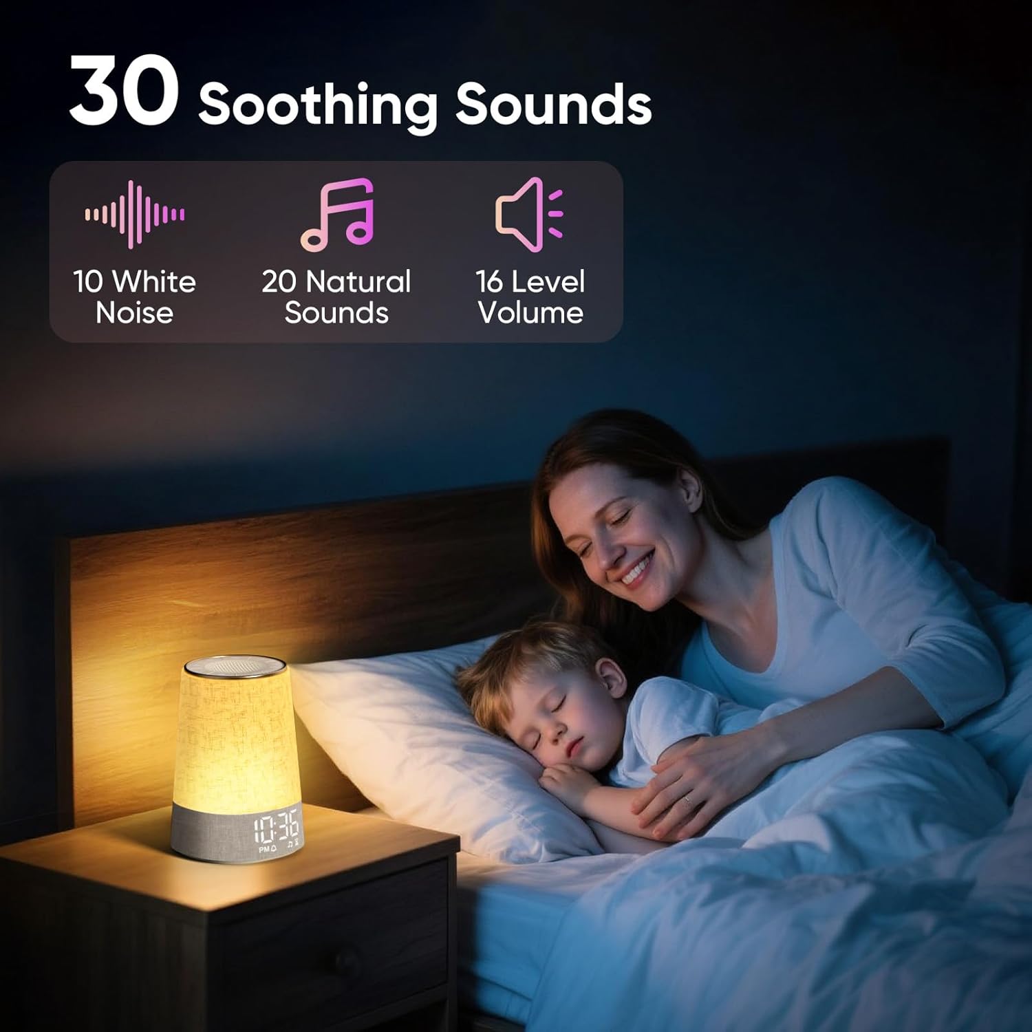 White noise machine and sunrise alarm clock beside bed