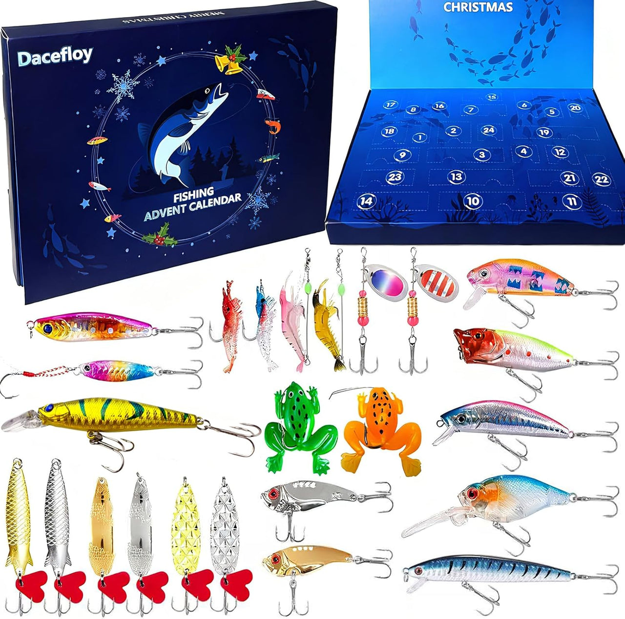 Full view of Dacefloy Fishing Advent Calendar with all 24 included lures