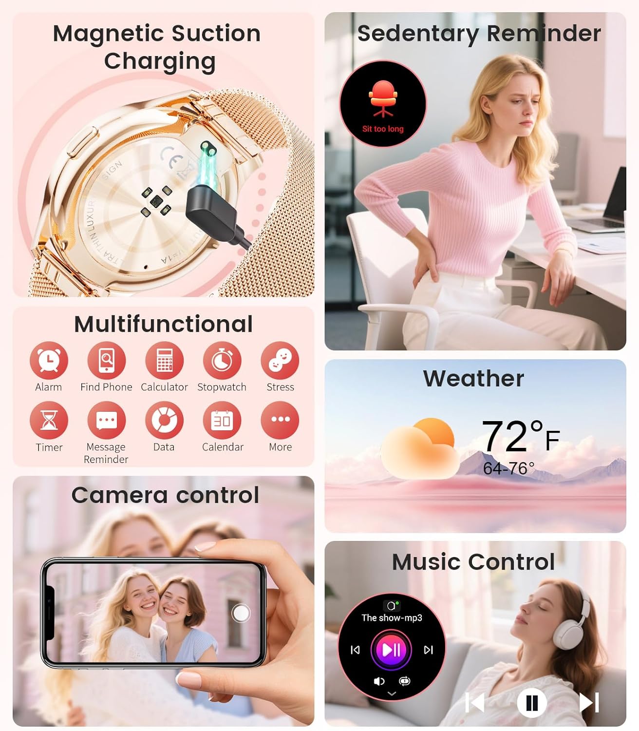 Smartwatch features including weather, sedentary reminder, music control, camera trigger