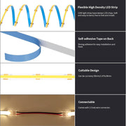 Flexible COB LED strip with adhesive backing and cuttable design