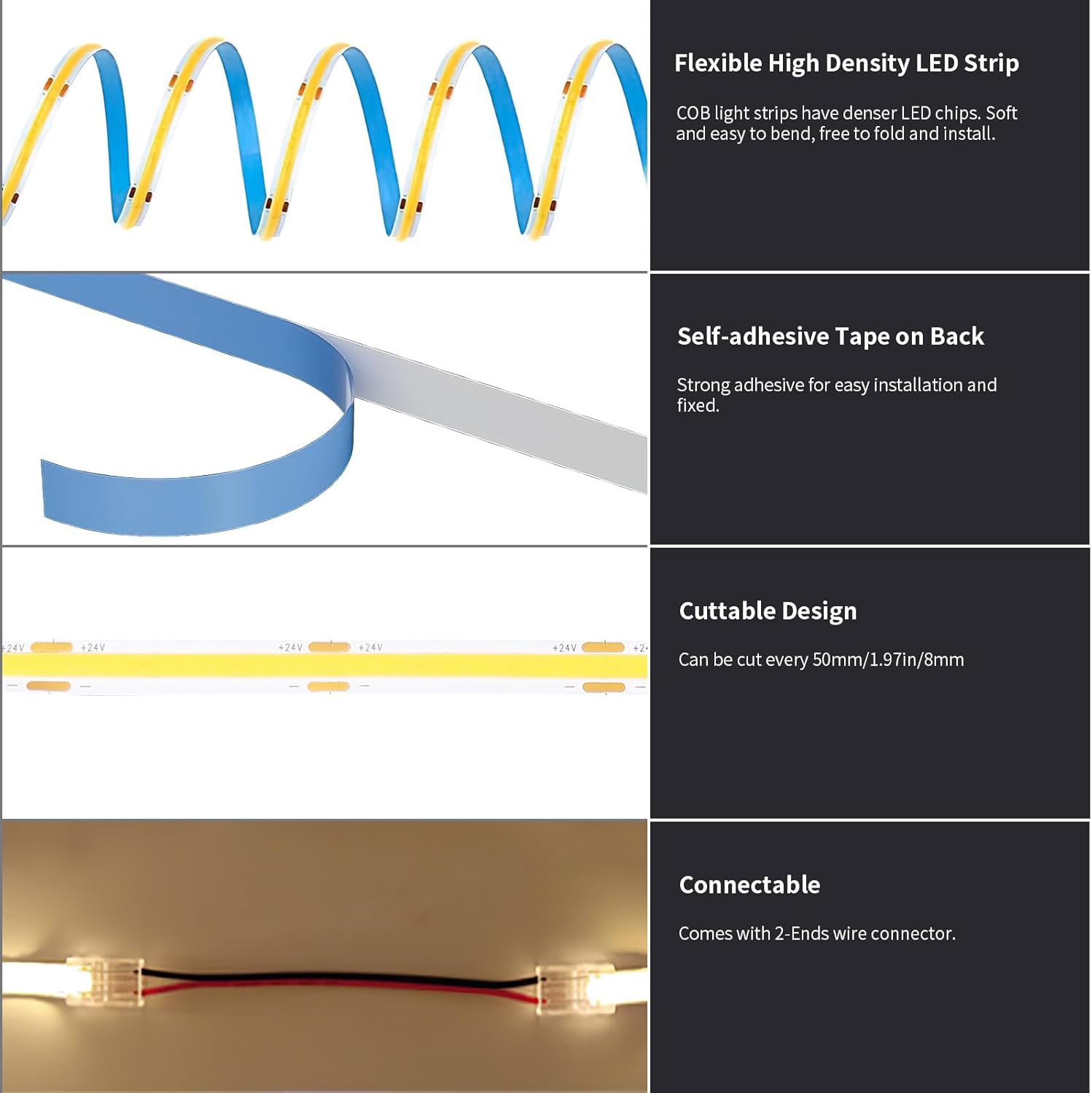 Flexible COB LED strip with adhesive backing and cuttable design