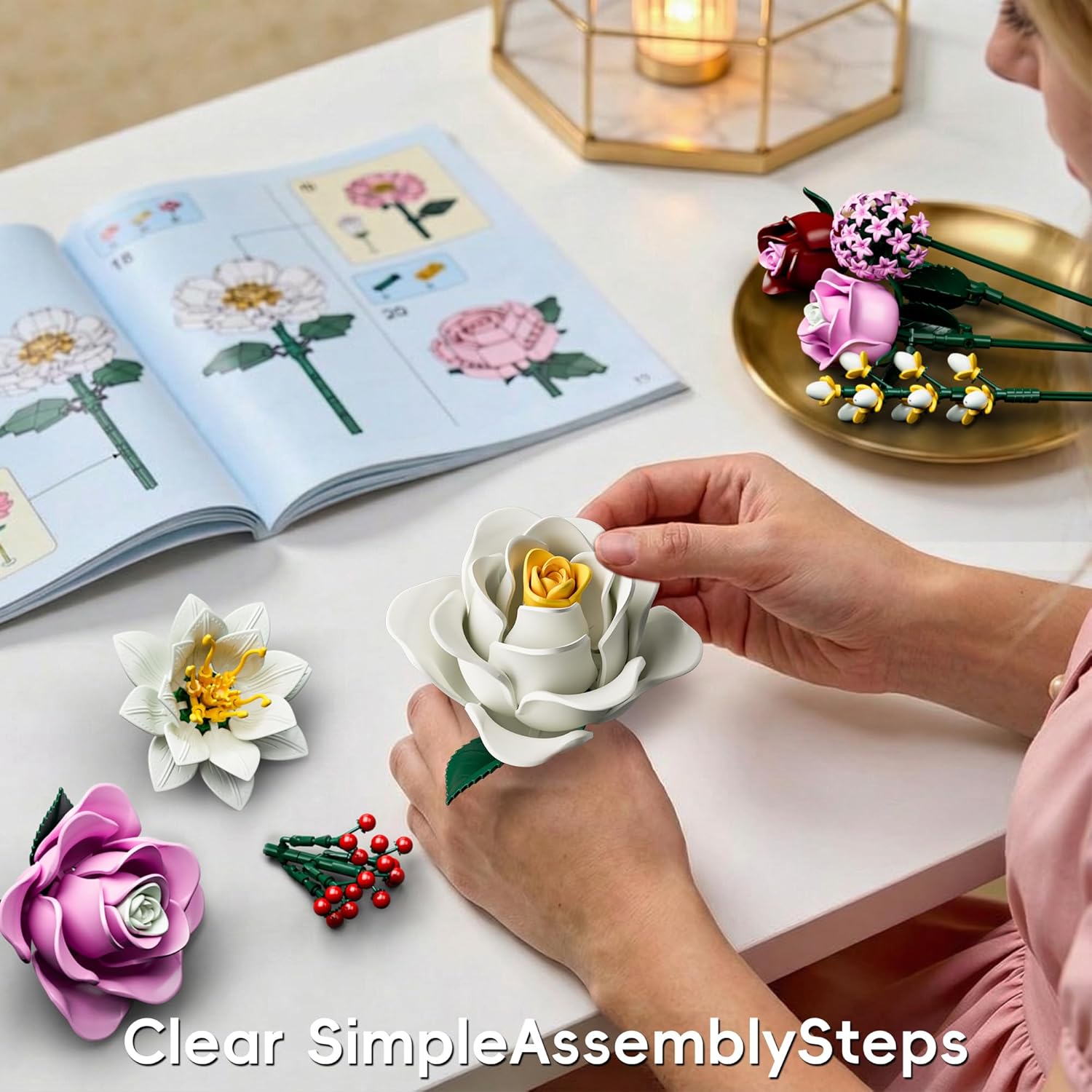 Adult assembling realistic botanical flower building set with illustrated instruction guide