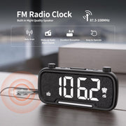 FM radio clock displaying frequency with adjustable volume and excellent signal reception