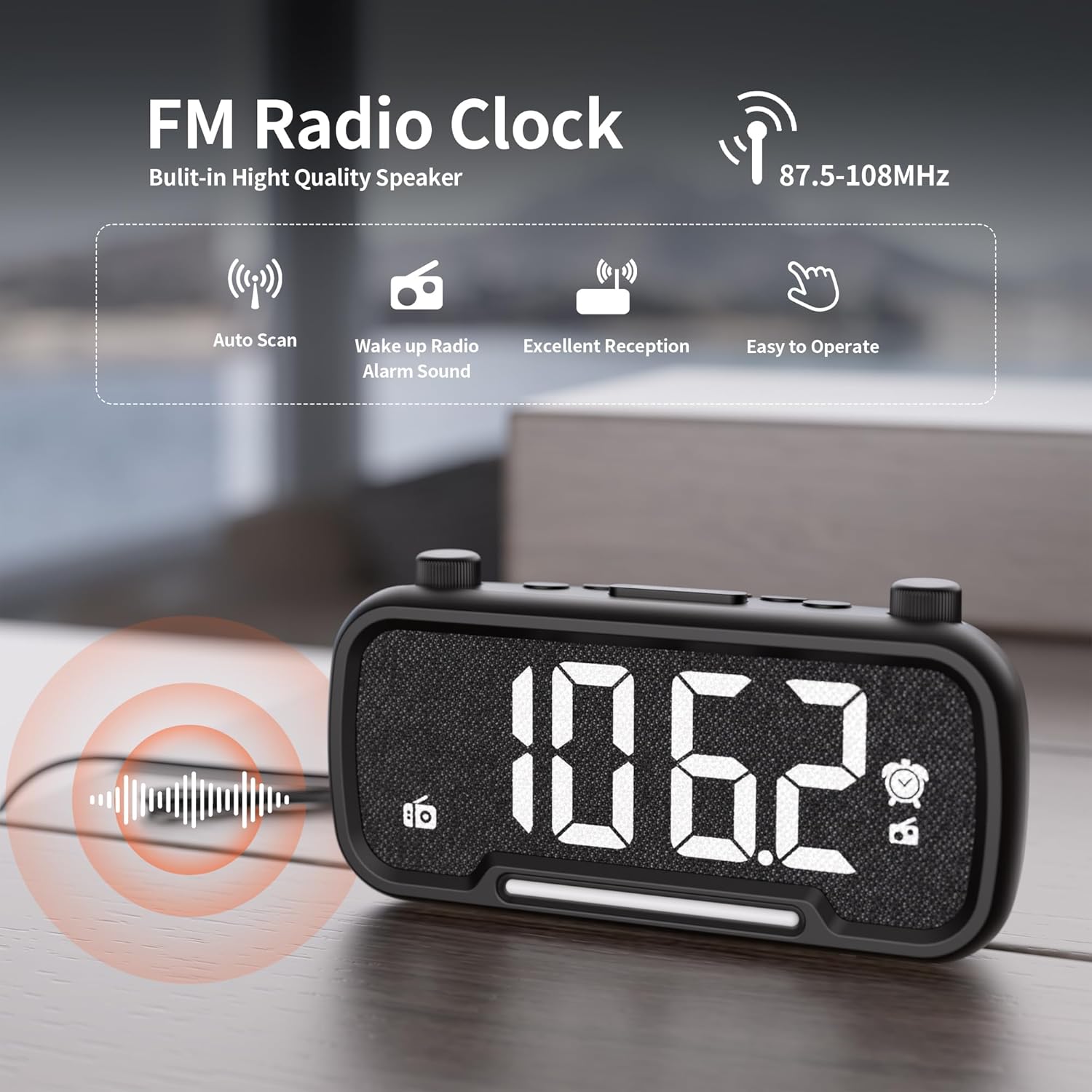 FM radio clock displaying frequency with adjustable volume and excellent signal reception