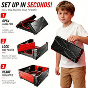 Foldable battle arena showing quick setup steps and integrated carry handle