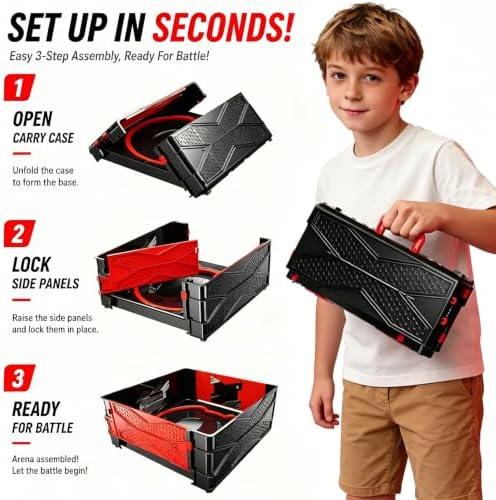 Foldable battle arena showing quick setup steps and integrated carry handle