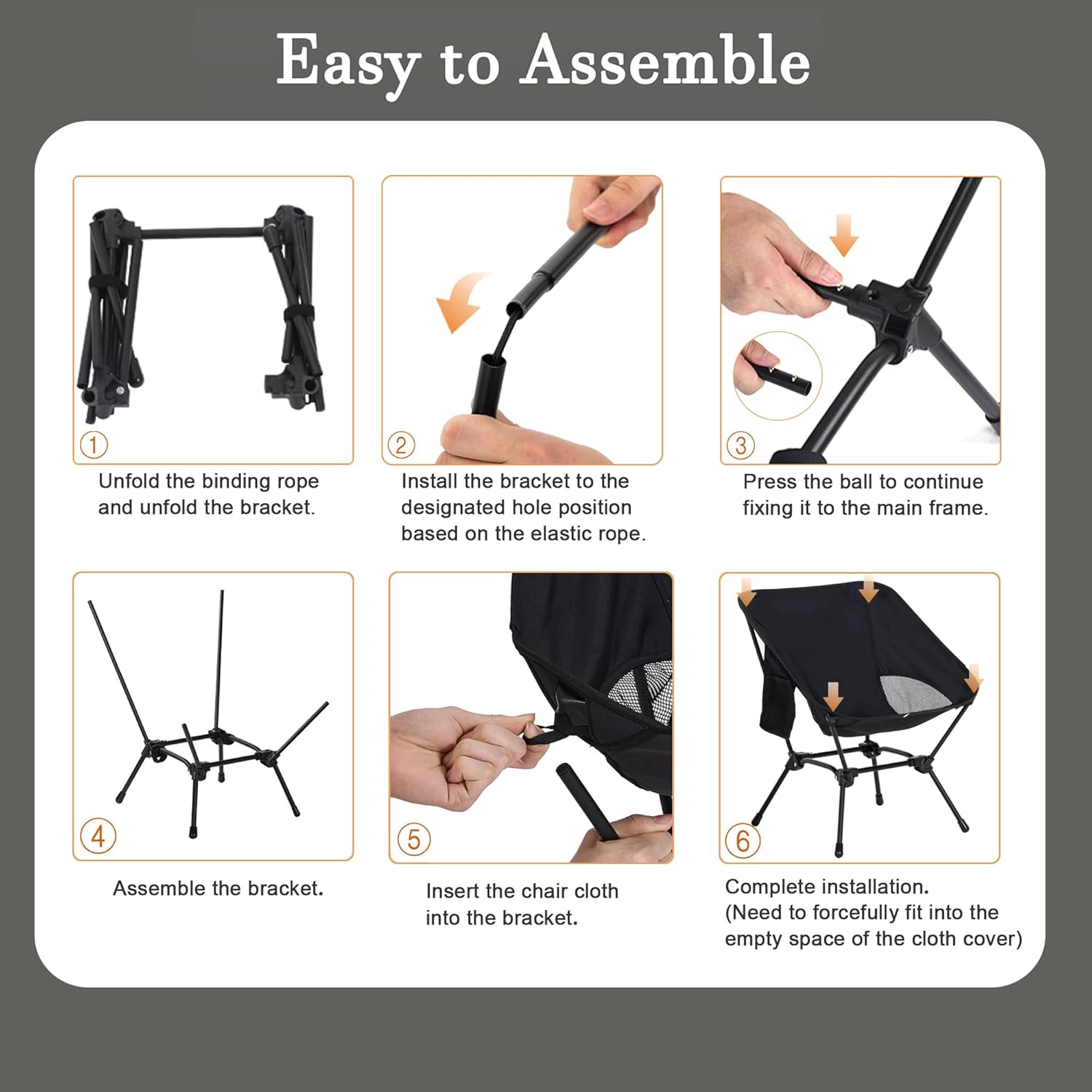 Easy assembly guide for portable camping chair