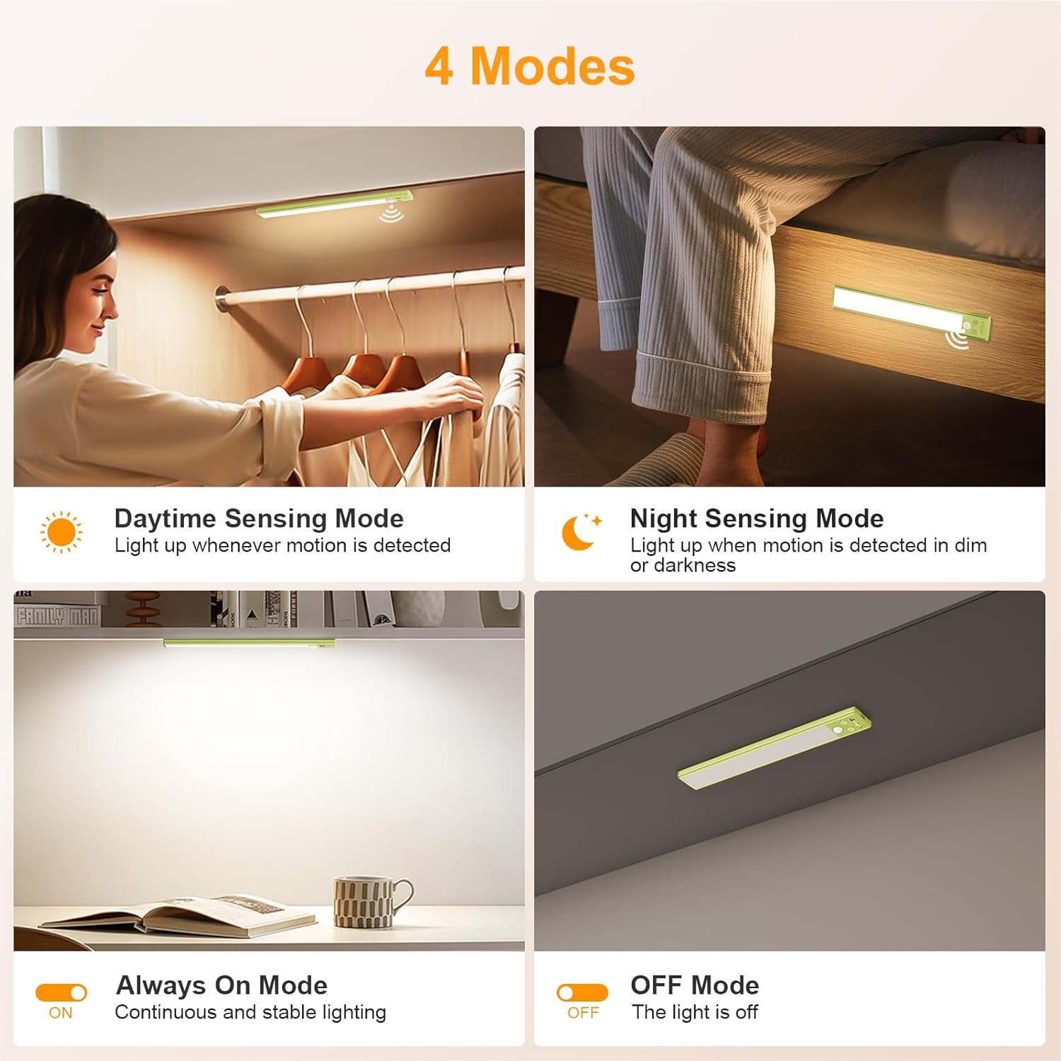 LED cabinet light in day mode, night mode, always-on mode, and off mode shown in various home settings.